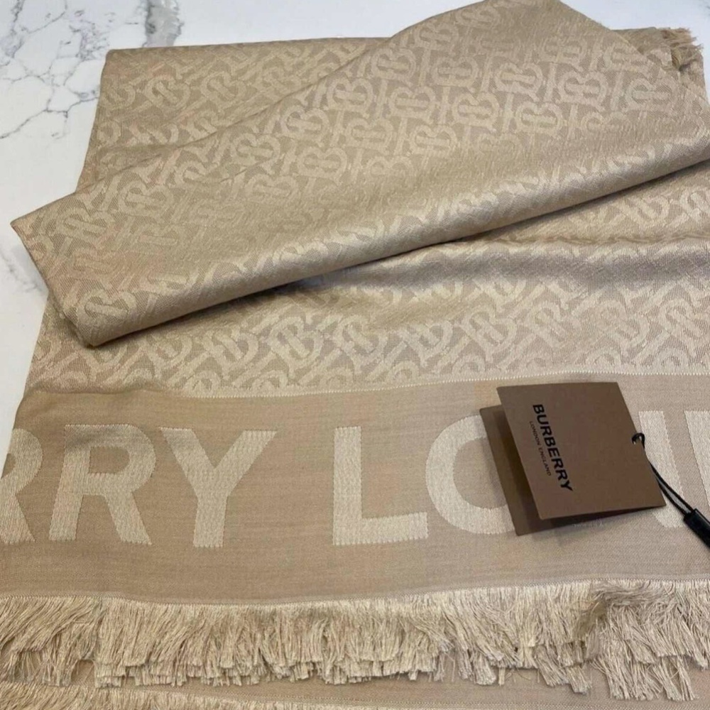 Burberry Monogram Jacquard Scarf Fringe Scarf Honey